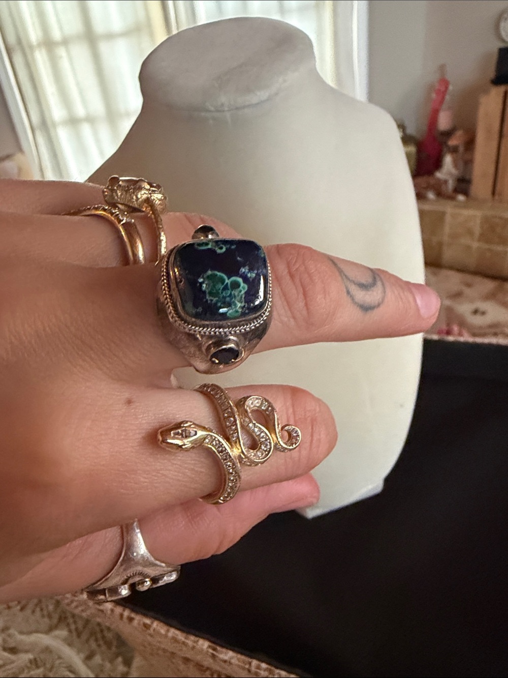 Unisex Silver Statement Ring with Blue-Green Stone malachite azurite gemstones